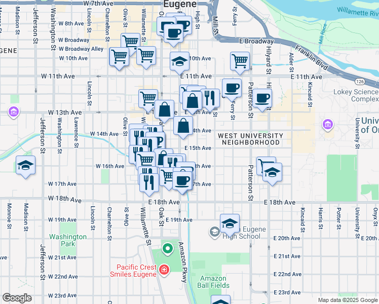 map of restaurants, bars, coffee shops, grocery stores, and more near 1530 High Street in Eugene