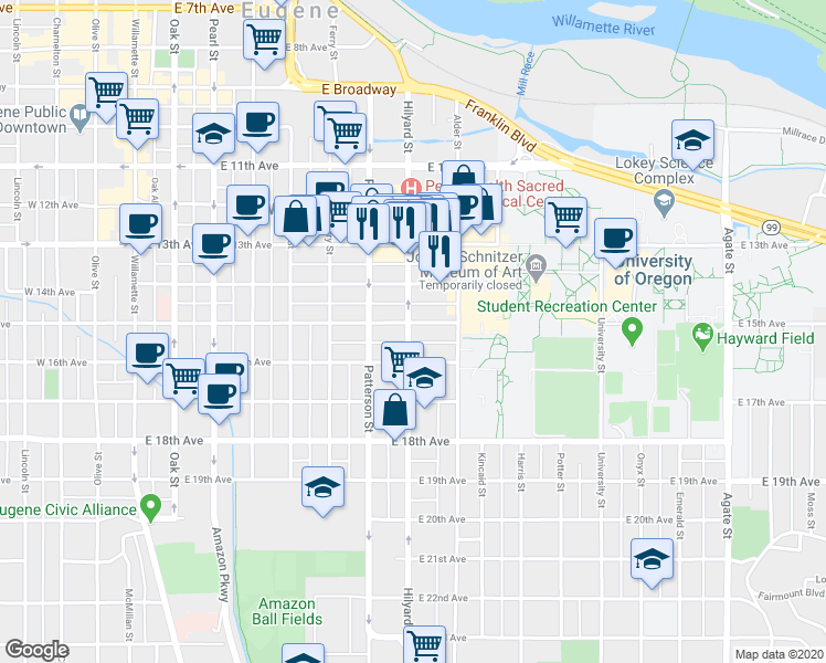 map of restaurants, bars, coffee shops, grocery stores, and more near 710 East 15th Avenue in Eugene