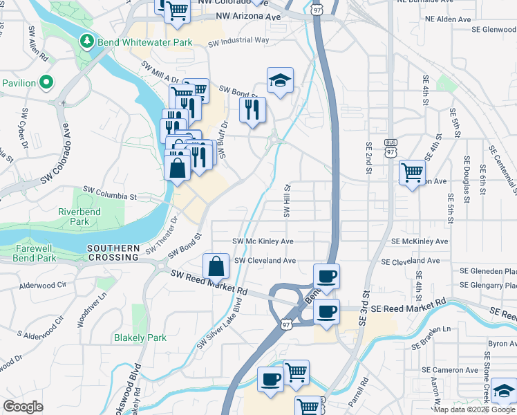 map of restaurants, bars, coffee shops, grocery stores, and more near 747 Southwest Silver Lake Boulevard in Bend