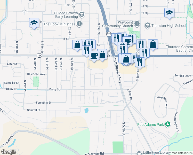map of restaurants, bars, coffee shops, grocery stores, and more near 205 South 54th Street in Springfield