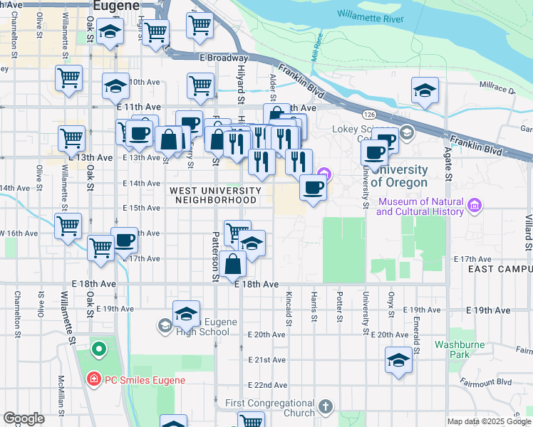 map of restaurants, bars, coffee shops, grocery stores, and more near 778 East 15th Avenue in Eugene