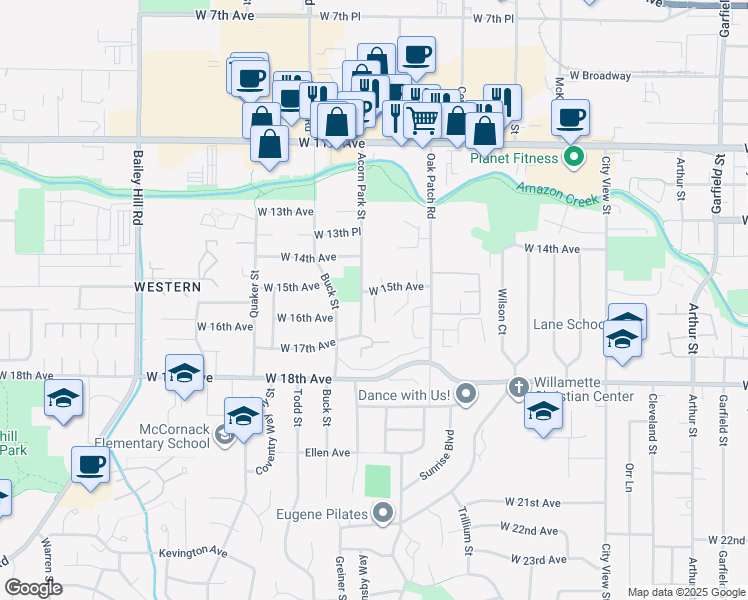 map of restaurants, bars, coffee shops, grocery stores, and more near West 15th Avenue in Eugene