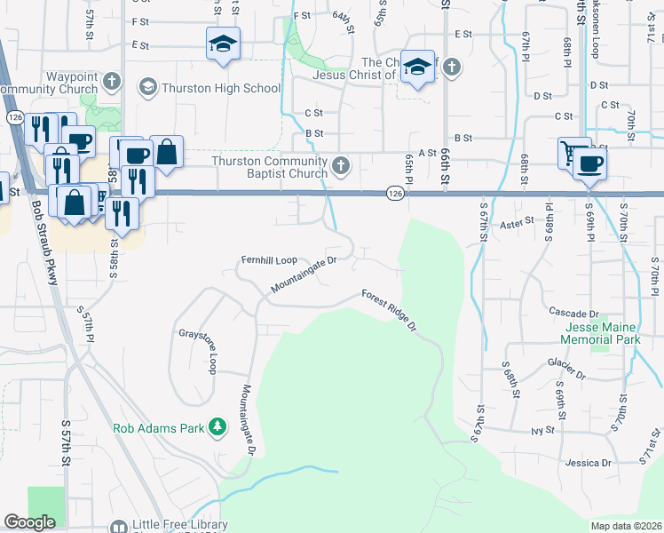 map of restaurants, bars, coffee shops, grocery stores, and more near 349 Mountaingate Drive in Springfield
