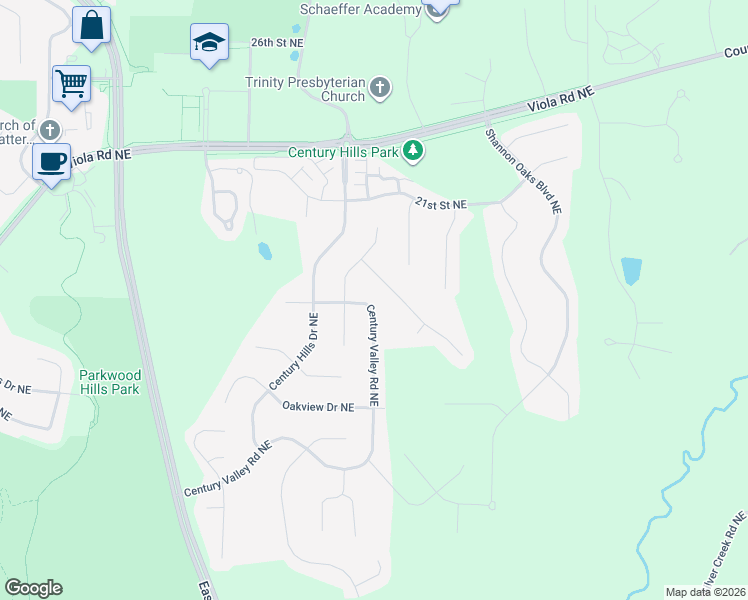 map of restaurants, bars, coffee shops, grocery stores, and more near 1968 Century Valley Road Northeast in Rochester