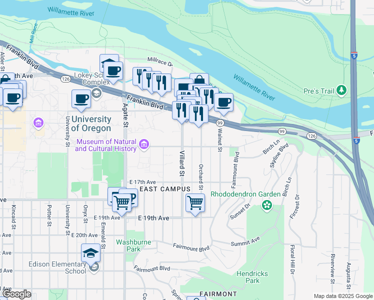 map of restaurants, bars, coffee shops, grocery stores, and more near 1910 East 15th Avenue in Eugene