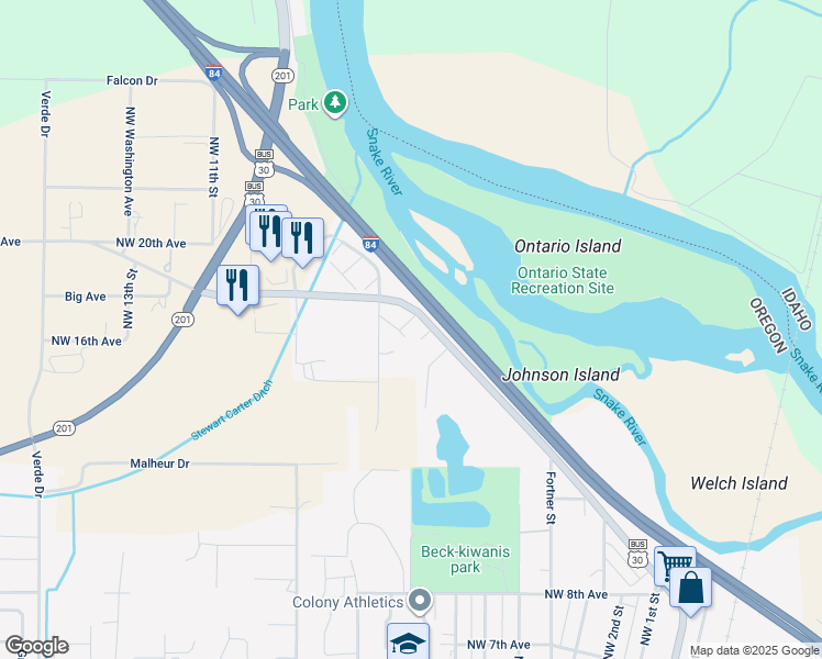 map of restaurants, bars, coffee shops, grocery stores, and more near A Place in Ontario