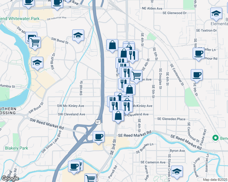 map of restaurants, bars, coffee shops, grocery stores, and more near 151 Southeast Taft Avenue in Bend