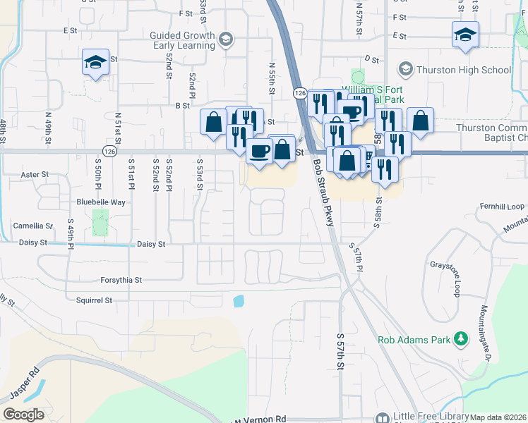 map of restaurants, bars, coffee shops, grocery stores, and more near 205 South 54th Street in Springfield