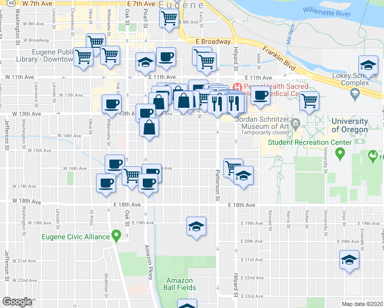 map of restaurants, bars, coffee shops, grocery stores, and more near 1528 Ferry Street in Eugene