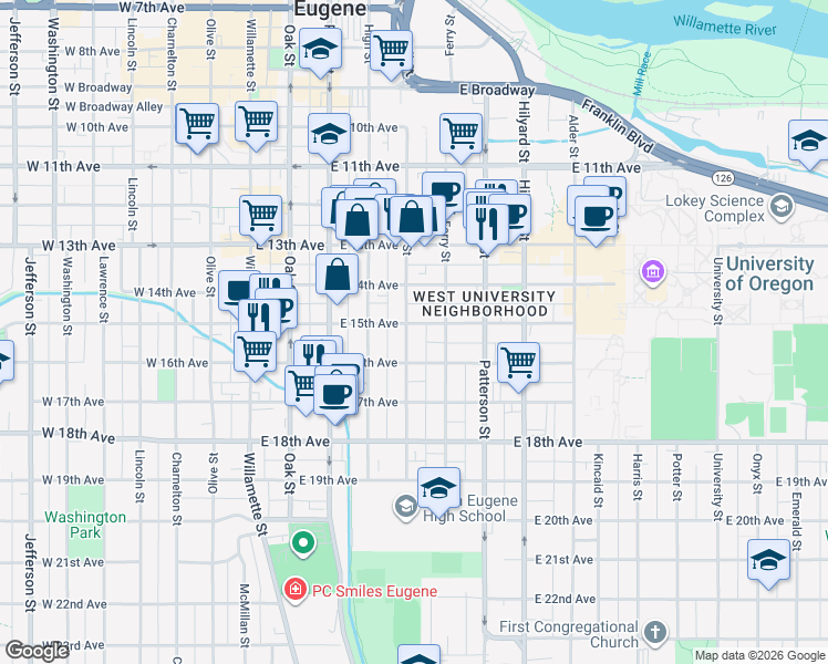 map of restaurants, bars, coffee shops, grocery stores, and more near 1524 Mill Street in Eugene