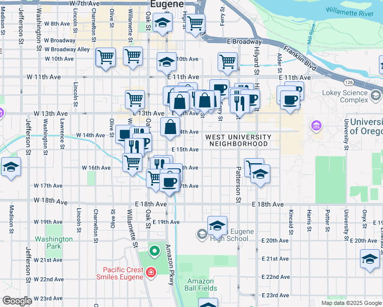 map of restaurants, bars, coffee shops, grocery stores, and more near 1524 Mill Street in Eugene