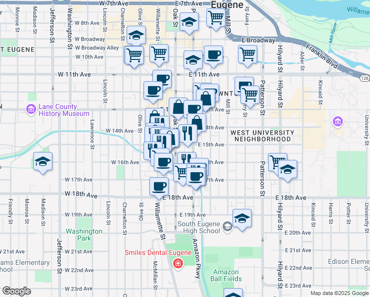 map of restaurants, bars, coffee shops, grocery stores, and more near 1520 Pearl Street in Eugene