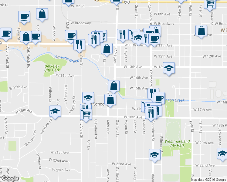map of restaurants, bars, coffee shops, grocery stores, and more near 1569 Garfield Place in Eugene