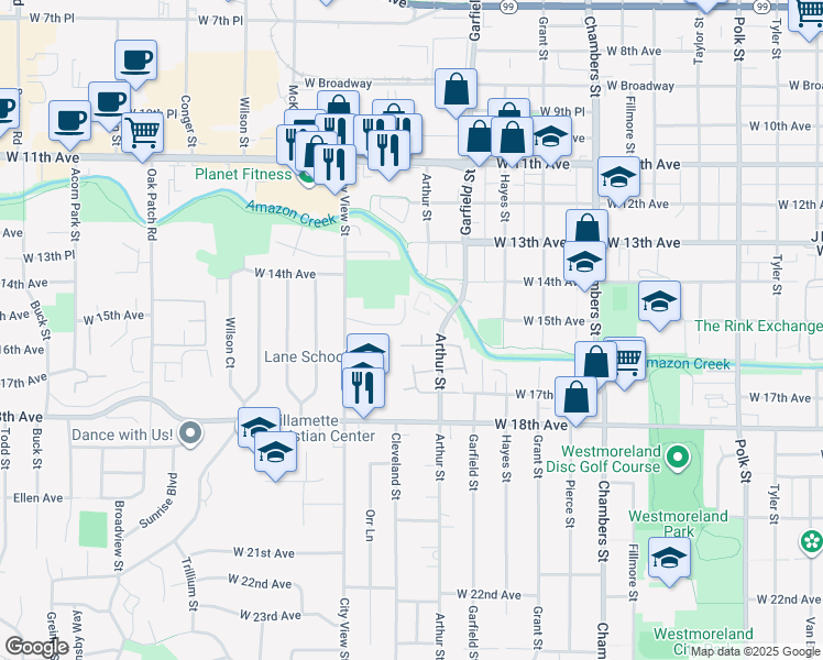 map of restaurants, bars, coffee shops, grocery stores, and more near 1551 City View Street in Eugene