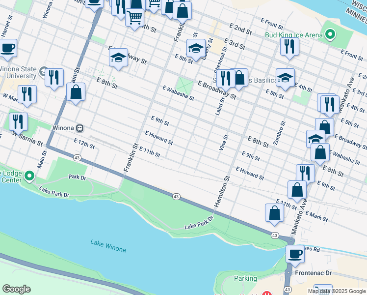 map of restaurants, bars, coffee shops, grocery stores, and more near 406 East Howard Street in Winona