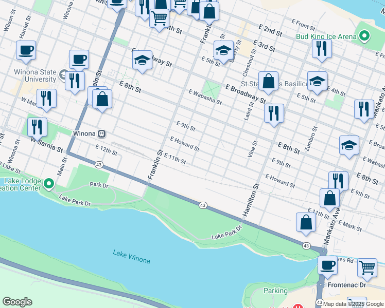 map of restaurants, bars, coffee shops, grocery stores, and more near 353 East Howard Street in Winona