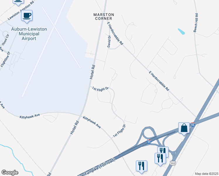 map of restaurants, bars, coffee shops, grocery stores, and more near 69 1st Flight Drive in Auburn