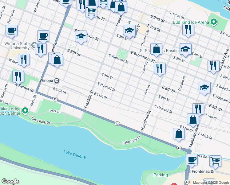 map of restaurants, bars, coffee shops, grocery stores, and more near 353 East Howard Street in Winona