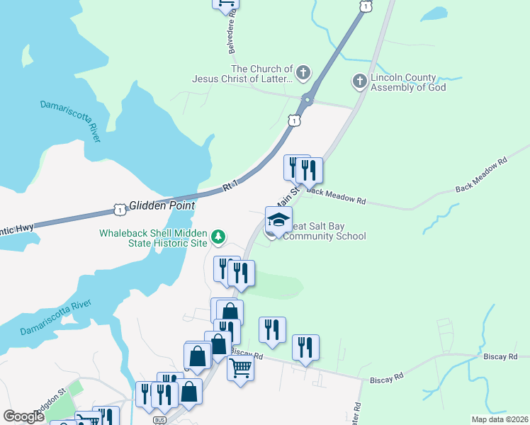map of restaurants, bars, coffee shops, grocery stores, and more near 20 Hammond Road in Damariscotta