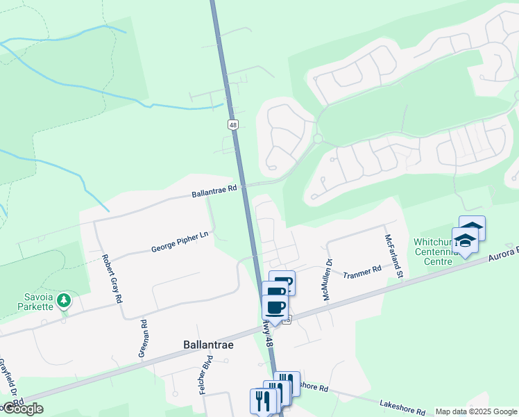 map of restaurants, bars, coffee shops, grocery stores, and more near 7 Ballanview Court in Whitchurch-Stouffville
