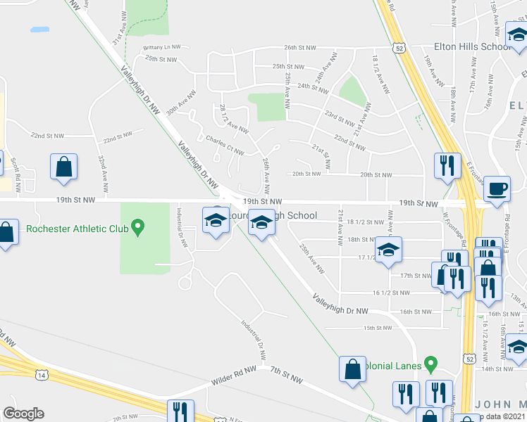 map of restaurants, bars, coffee shops, grocery stores, and more near 2600 19th Street Northwest in Rochester
