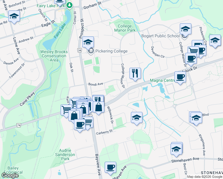 map of restaurants, bars, coffee shops, grocery stores, and more near 595 Mulock Court in Newmarket