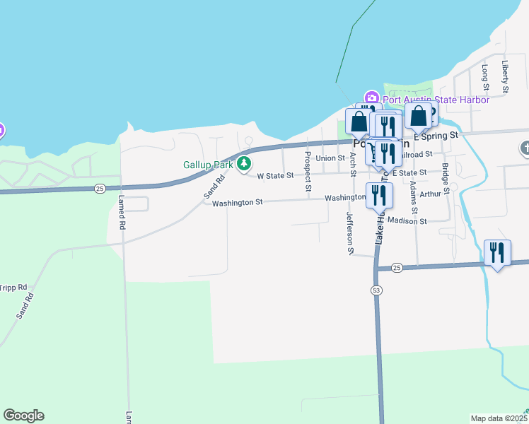map of restaurants, bars, coffee shops, grocery stores, and more near 285 Washington Street in Port Austin