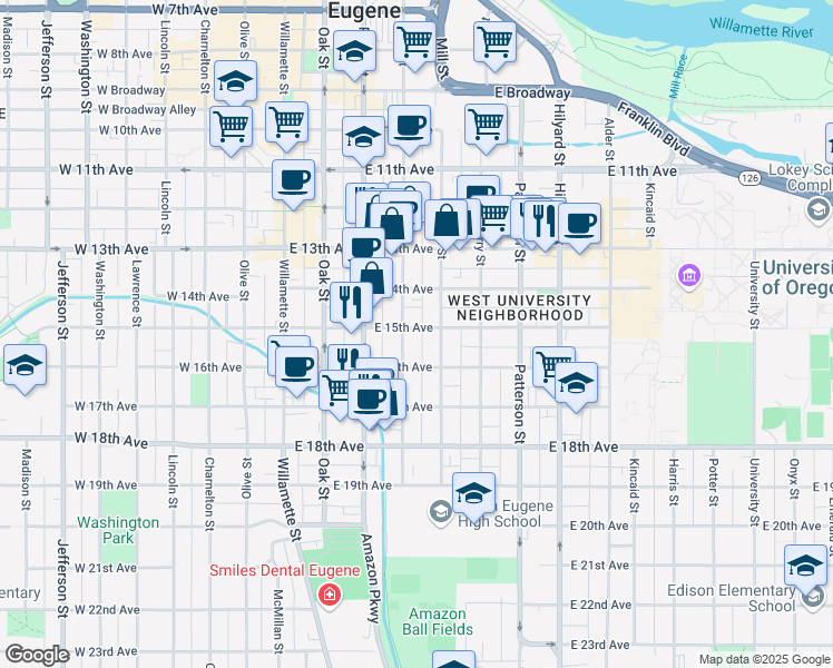 map of restaurants, bars, coffee shops, grocery stores, and more near 334 East 15th Avenue in Eugene
