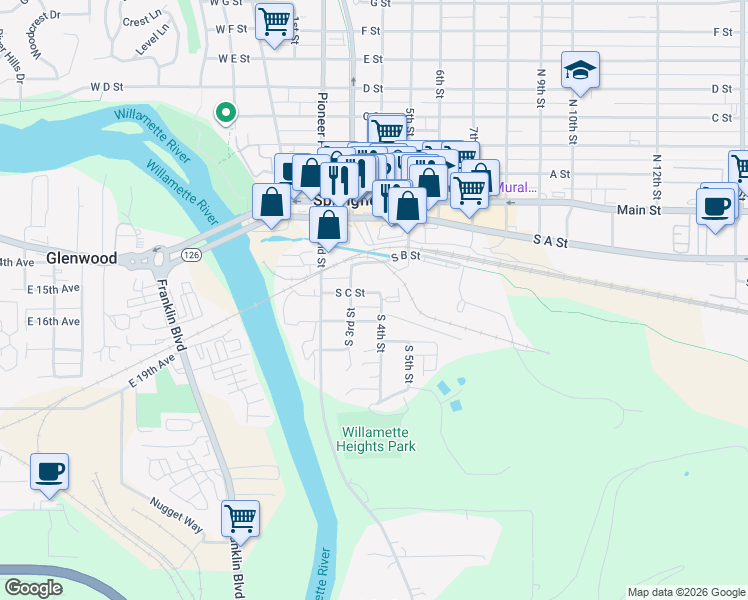 map of restaurants, bars, coffee shops, grocery stores, and more near 308 South 4th Street in Springfield