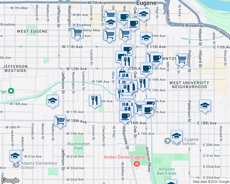 map of restaurants, bars, coffee shops, grocery stores, and more near 92 West 15th Avenue in Eugene