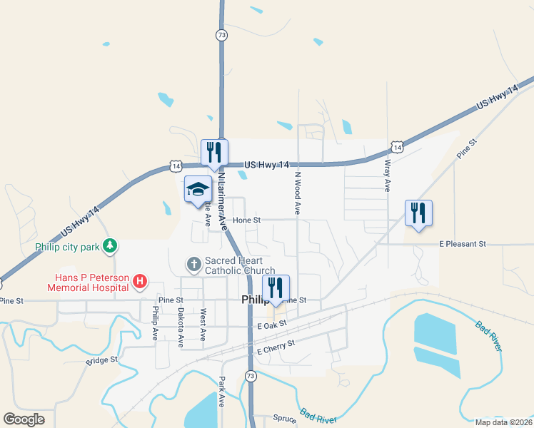 map of restaurants, bars, coffee shops, grocery stores, and more near 313 North Wood Avenue in Philip
