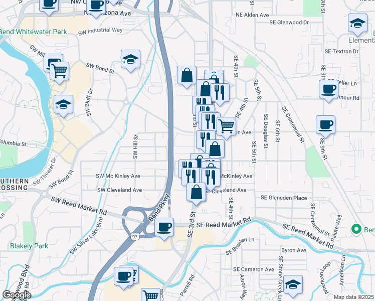 map of restaurants, bars, coffee shops, grocery stores, and more near 179 Southeast Taft Avenue in Bend