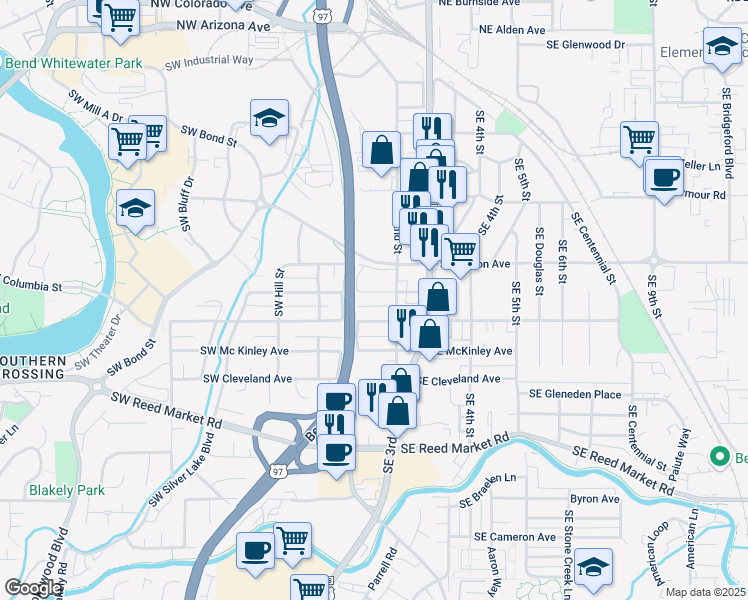 map of restaurants, bars, coffee shops, grocery stores, and more near 151 SE Taft Ave in Bend