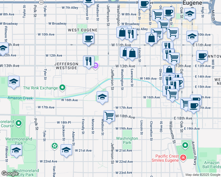 map of restaurants, bars, coffee shops, grocery stores, and more near 1510 Jefferson Street in Eugene