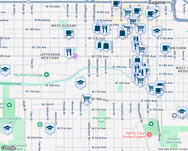 map of restaurants, bars, coffee shops, grocery stores, and more near 520 West 15th Avenue in Eugene