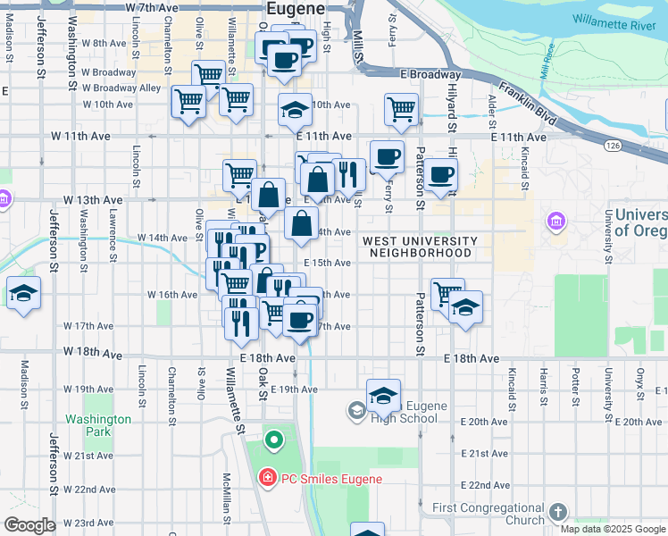 map of restaurants, bars, coffee shops, grocery stores, and more near 318 East 15th Avenue in Eugene