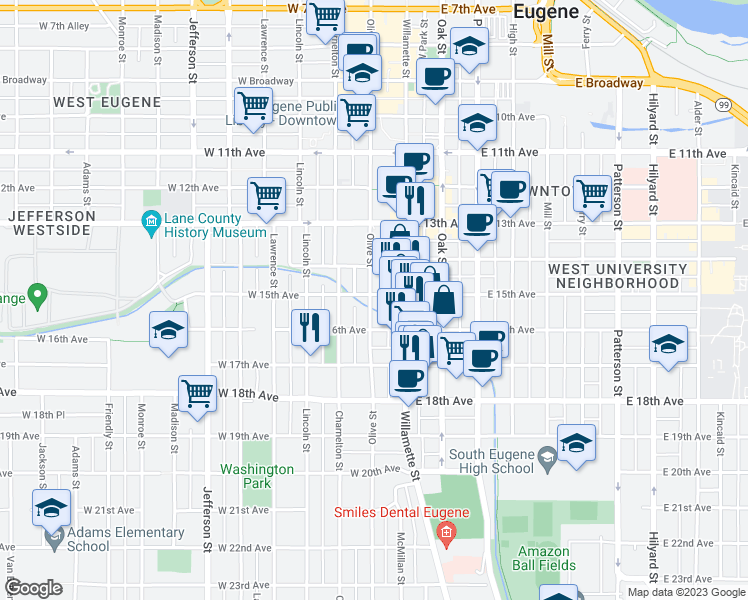 map of restaurants, bars, coffee shops, grocery stores, and more near 94 West 15th Avenue in Eugene