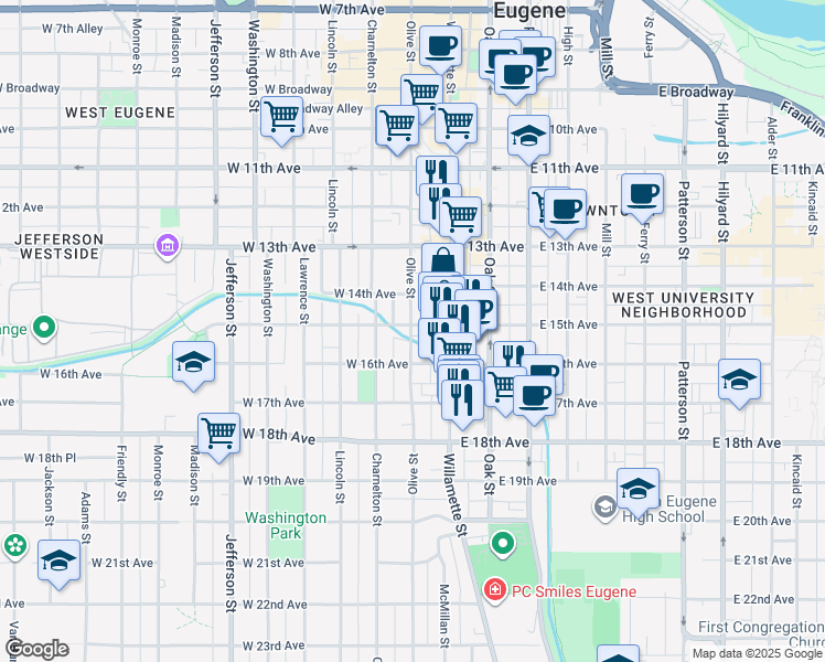 map of restaurants, bars, coffee shops, grocery stores, and more near 96 West 15th Avenue in Eugene