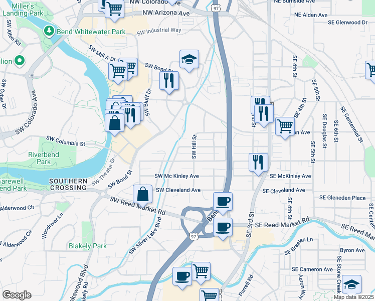 map of restaurants, bars, coffee shops, grocery stores, and more near 129 Southwest Taft Avenue in Bend