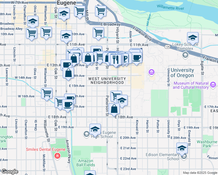 map of restaurants, bars, coffee shops, grocery stores, and more near 614 East 15th Avenue in Eugene
