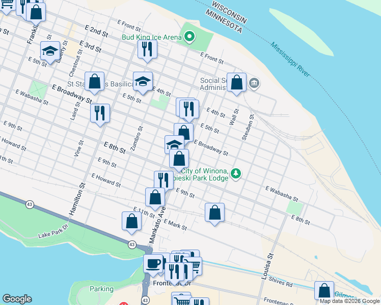 map of restaurants, bars, coffee shops, grocery stores, and more near 326 Mankato Avenue in Winona