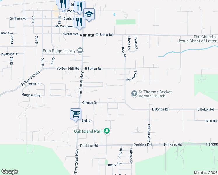 map of restaurants, bars, coffee shops, grocery stores, and more near 25168 Jake Street in Veneta