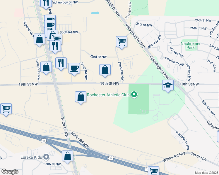 map of restaurants, bars, coffee shops, grocery stores, and more near 3210 19th Street Northwest in Rochester