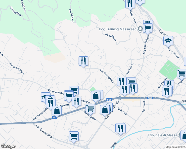 map of restaurants, bars, coffee shops, grocery stores, and more near 123 Via Villaggio Castagnara in Massa