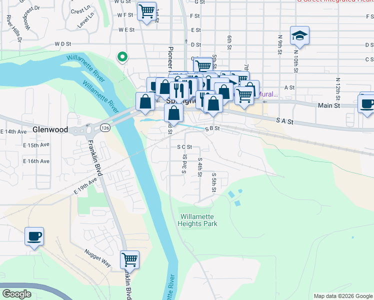 map of restaurants, bars, coffee shops, grocery stores, and more near 233 South C Street in Springfield