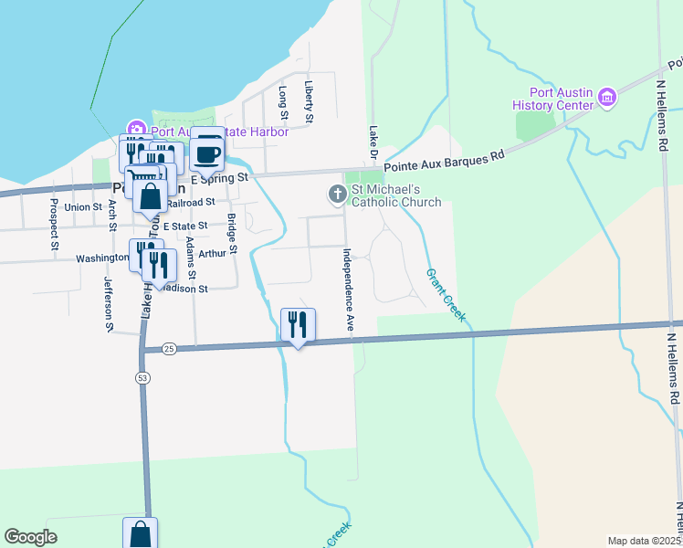 map of restaurants, bars, coffee shops, grocery stores, and more near 8573 Independence Avenue in Port Austin