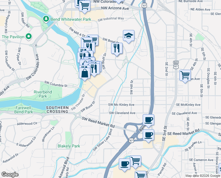 map of restaurants, bars, coffee shops, grocery stores, and more near 354 Southwest Roosevelt Avenue in Bend