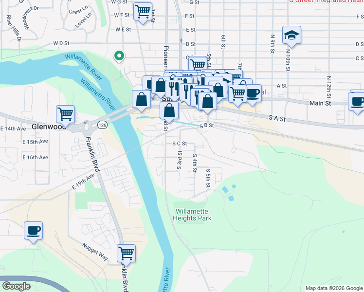 map of restaurants, bars, coffee shops, grocery stores, and more near 233 South C Street in Springfield