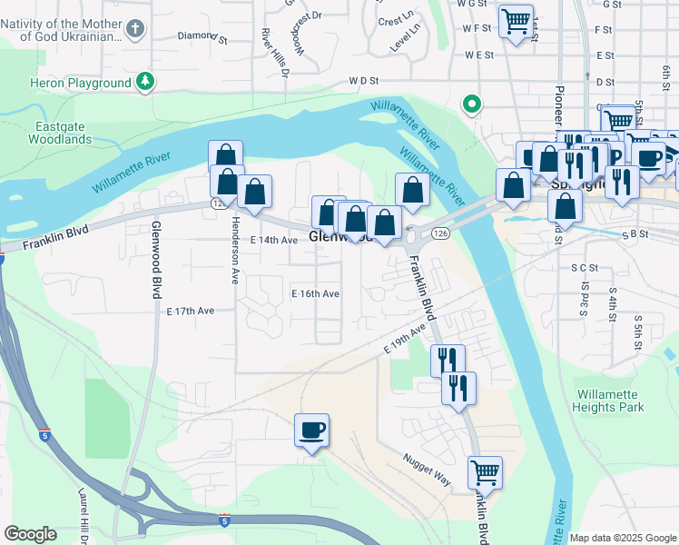 map of restaurants, bars, coffee shops, grocery stores, and more near 1530 Brooklyn Street in Eugene