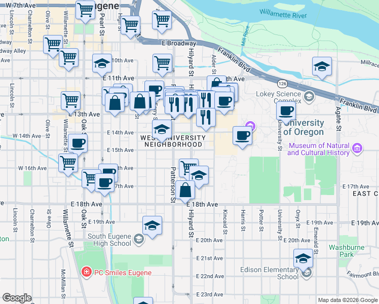 map of restaurants, bars, coffee shops, grocery stores, and more near 1526 Hilyard Street in Eugene